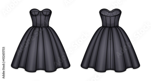 Knee-length black corset bodice dress with strapless neckline, panel lines and cups, seam at waist, back zip closure, flared skirt with pleats. Back and front. Technical flat sketch, vector. photo