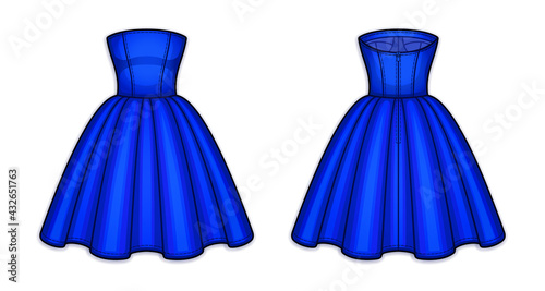 Fotografie, Tablou Knee-length royal blue corset bodice dress with strapless straight across neckline, seam at waist, back zip closure, flared skirt with pleats