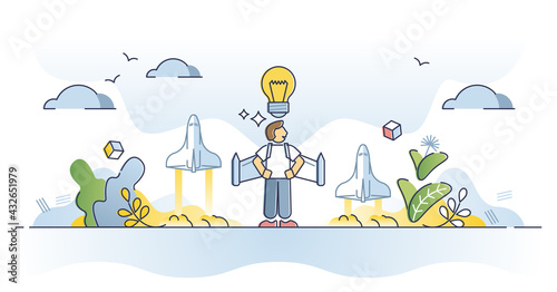 Inspiration boost and innovative business idea breakthrough outline concept. Powerful creative project launch and high performance as upward rocket acceleration with businessman vector illustration.