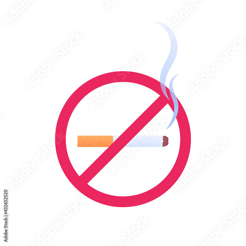No smoking concept. Vector flat illustration. Cigarette with smoke in red circle prohibit sign. Color icon. Design element for healthcare.