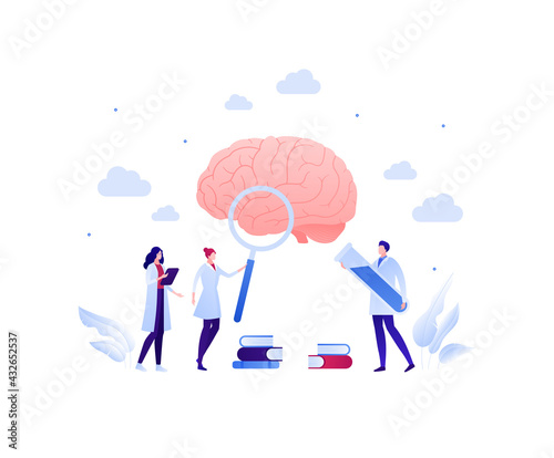 Brain research and mental disease study concept. Vector flat people illustration. Doctor scientist team with magnifier glass and lab tube. Man and woman character. Design for health care and science.