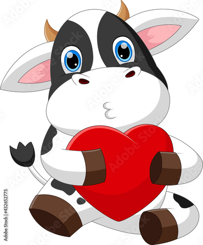 cute little cow cartoon holding heart love 