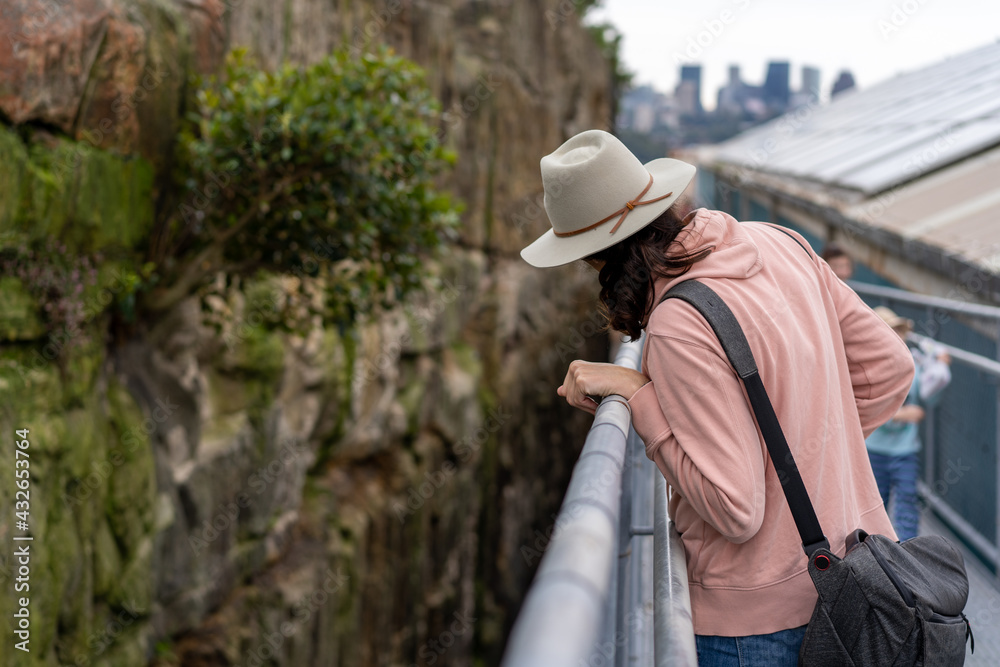 view of person from side looking over the edge of a walkway, enjoying the view
