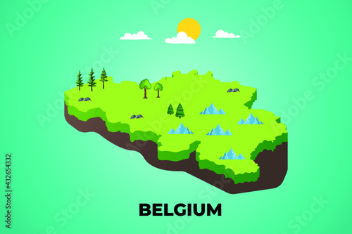 Belgium 3d isometric map with topographic details mountains, trees and soil vector illustration design
