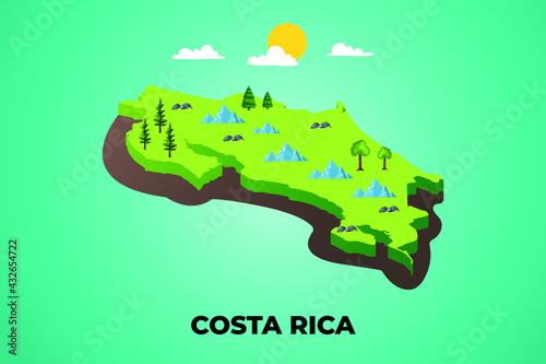 Costa Rica 3d isometric map with topographic details mountains, trees and soil vector illustration design