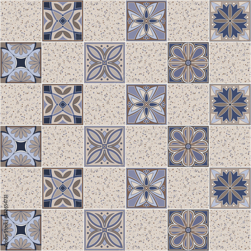 Geometric background square tiles with an ethnic pattern in beige and blue colors mixed with marble tiles