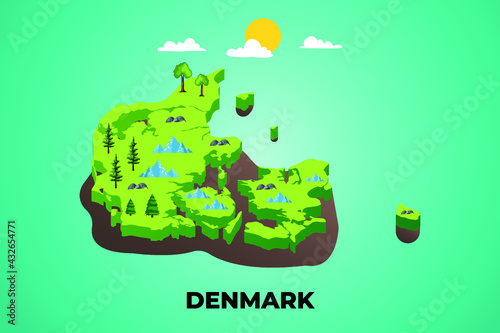 Denmark 3d isometric map with topographic details mountains, trees and soil vector illustration design