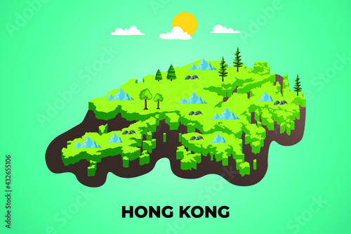 Hong Kong 3d isometric map with topographic details mountains, trees and soil vector illustration design