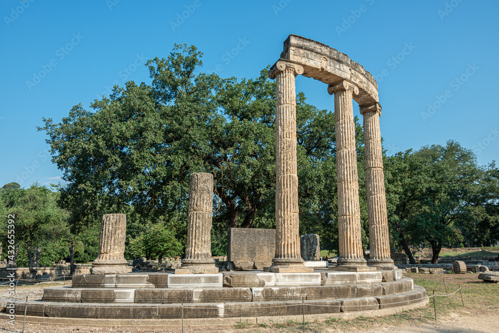 The Philippeion, ancient Greek sanctuary erected by Philip II, King of Macedonia, Olympia Archaeological Site, Peloponnese peninsula, Greece 27.07.2019 - obrazy, fototapety, plakaty 