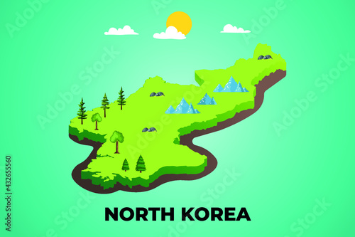 north Korea 3d isometric map with topographic details mountains, trees and soil vector illustration design