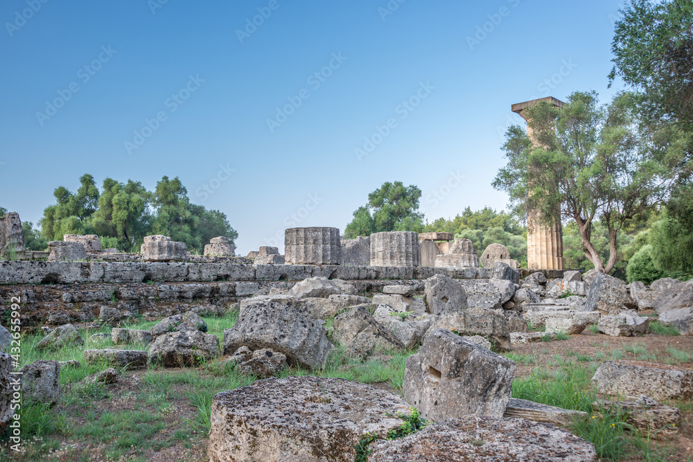 Temple of Zeus in the most prominent position of the sanctuary in the archaeological site of Olympia in Greece