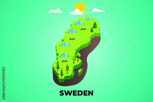 Sweden 3d isometric map with topographic details mountains, trees and soil vector illustration design