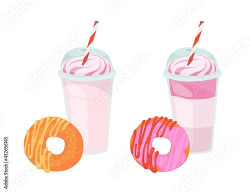 Plastic cup with plastic lid. Ice cream, milkshake. Juice, cocktail, smoothie. A doughnut with frosting. A doughnut with frosting. 
