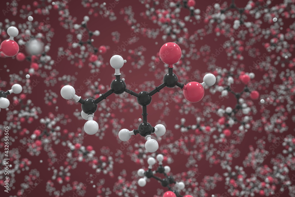 Tiglic acid molecule made with balls, conceptual molecular model. Chemical 3d rendering Tiglic acid molecule made with balls, conceptual molecular model. Chemical 3d rendering