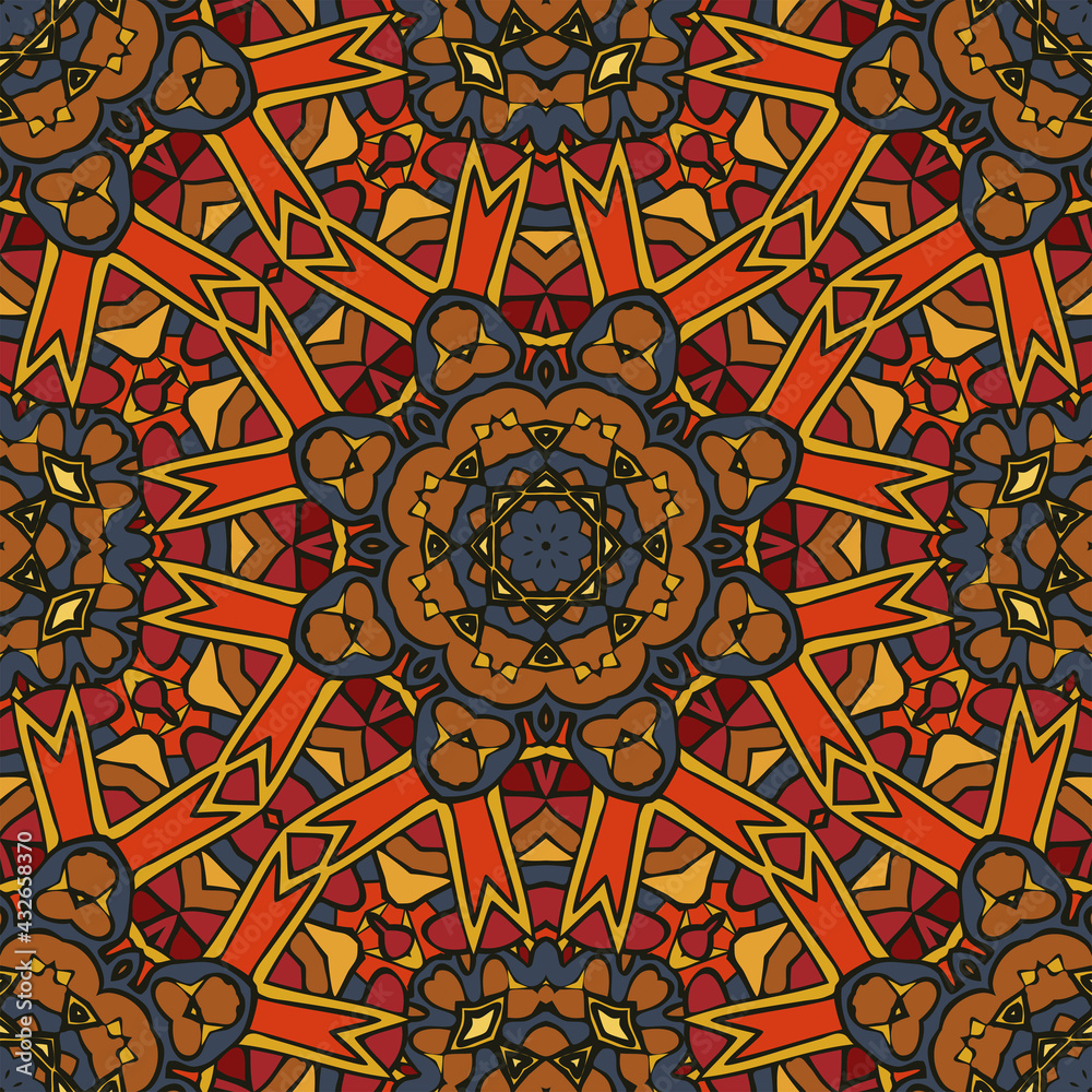 Creative color abstract geometric mandala pattern in gold, orange, red, blue, vector seamless, can be used for printing onto fabric, interior, design, textile.