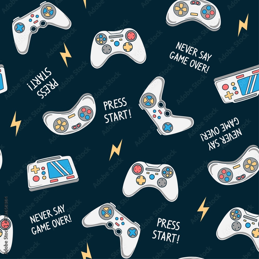 Vector Seamless pattern with joysticks gamepad illustration and slogan text, for t-shirt prints and other uses.