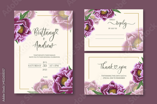 Wedding vector floral invite invitation thank you, reply watercolor design set: peony flowers elegant.