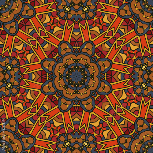 Creative color abstract geometric mandala pattern in gold, orange, red, blue, vector seamless, can be used for printing onto fabric, interior, design, textile.