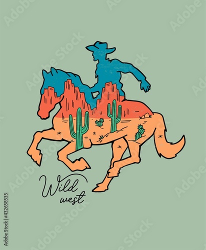Western theme, a cowboy on  horse. Vector illustration for t-shirt prints, posters, and other uses.