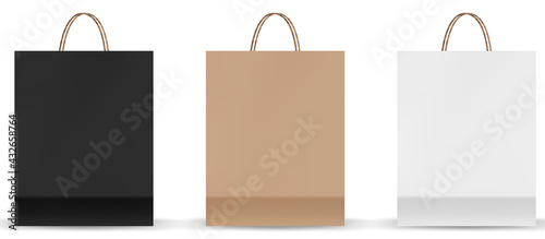 Shopping bag mockups. Paper package isolated on white background. Realistic mockup of craft paper bags.