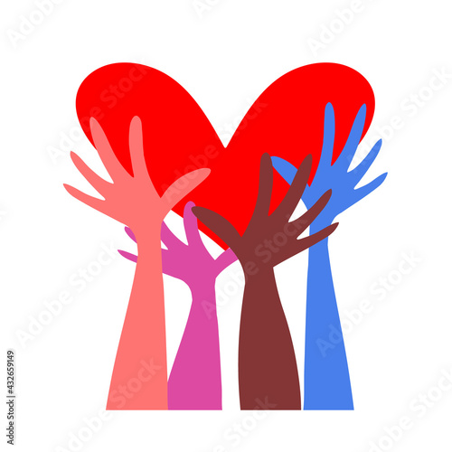 Many hands are holding hearts. A close-knit community, a symbol of love, support, protection. Different nationalities together for teamwork, unity or diversity. Vector flat illustration