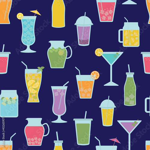 Vector seamless pattern with Summer Drinks. Vector Illustration of Tropical and Refreshing Juices, Cocktails in various Glassware. Modern Summer Background for Holiday Beach Party Theme, Menu, Posters