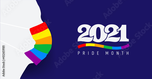 Silhouette with protective face mask colored in rainbow. Pride and COVID-19 protection concept. LGBT flag color and logo 2021 pride month. Flat vector illustration. Isolated on blue background.