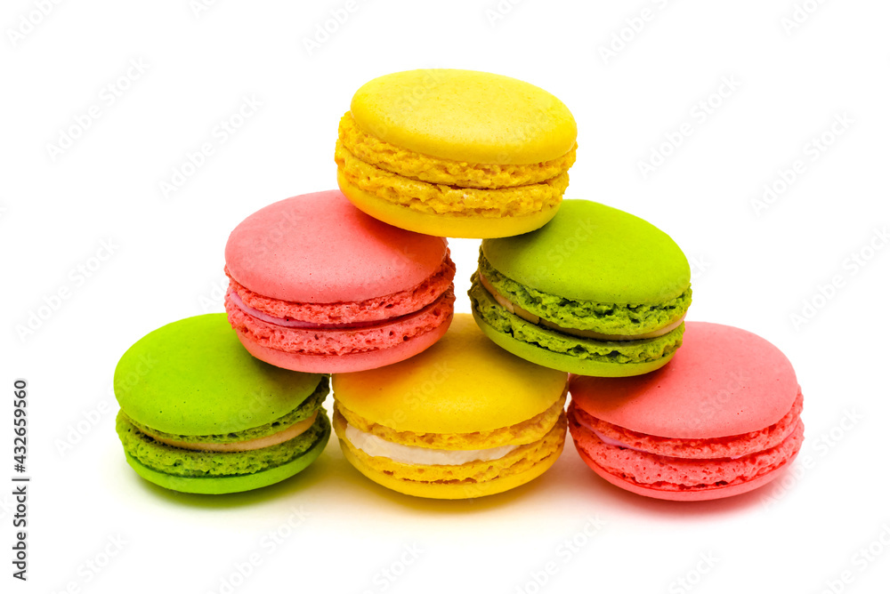 color macaron cakes on a white background