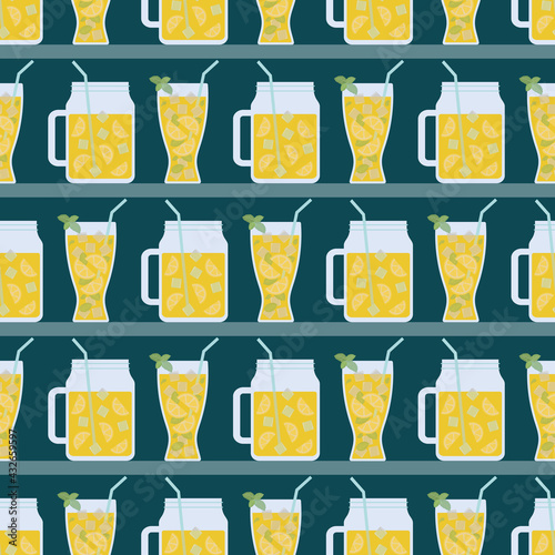 Seamless Pattern with Mojito in Glasses and Mason Jars. Vector Illustration of Mojito or Lemonade with Lemon slices, Mint Leaves, Ice Cubes and Straw. Mason Jars and Glasses arranged on a shelf 