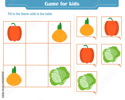  Logic game for children. Fill in the blank cells in the table so that in each row and column the element appears only once
