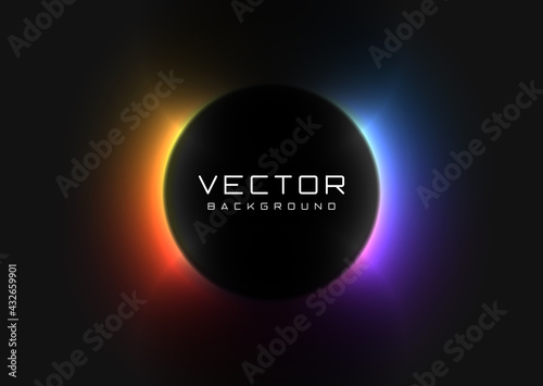 Abstract background with vivid neon colorful light behind the black circle. Eclipse concept. Design of banner, poster, flyer for cybersport, and advertising. Vector