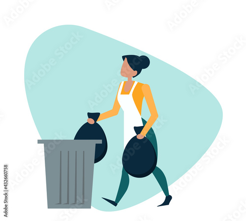 Vector of a woman throwing away garbage into a trash bin.