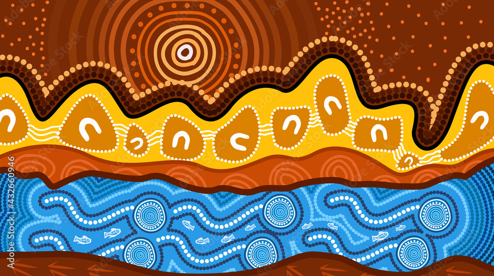 Aboriginal landscape art with mountains and river Aboriginal landscape art with mountains and river