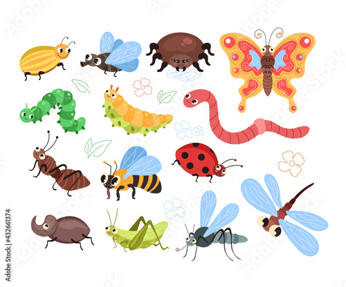 Beetles insects caterpillars worm ant spider butterfly mosquito bee isolated set. Vector flat modern style graphic design cartoon illustration