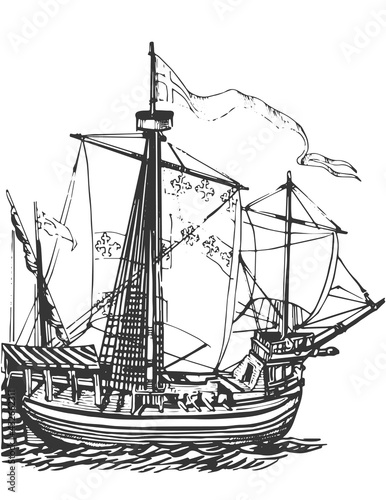 A ship of the Order of Malta. Old nautical vessel, graphic hand drawing. Vector