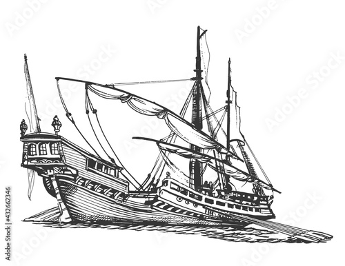 Galley of the ancient. Wooden sailboat with oars. Graphic hand drawing. Vector