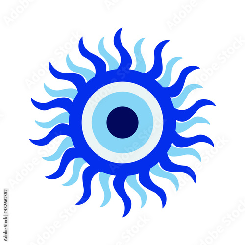 Blue eye. Turkish amulet against the evil eye. Guardian Nazar. An attribute of traditional magic. The blue sphere with rays looks like the sun. Vector graphics.
