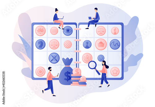 Numismatics. Big album for old rare collectible coins. Tiny people numismatists collect, selling or buying ancient coins. Hobby or profession. Modern flat cartoon style. Vector illustration