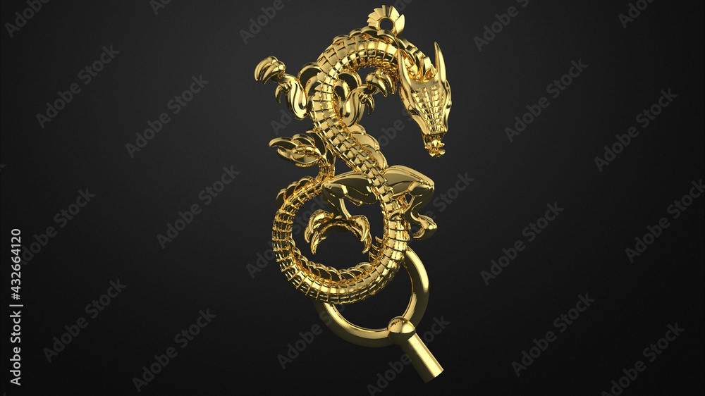golden dragon, amulet of the chinese golden dragon on a dark background 3d render - obrazy, fototapety, plakaty 