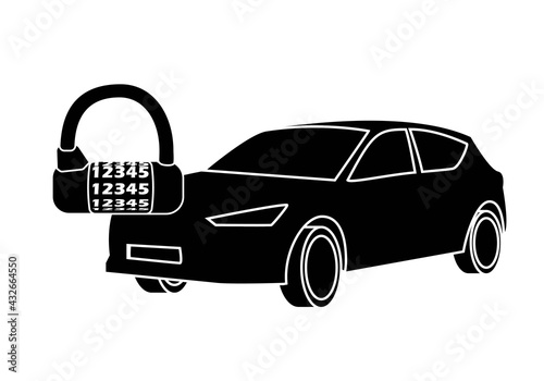 Seguros de automóvil. Coche asegurado. Icono de coche con candado de combinación