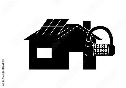 Casa o vivienda o hogar o inmueble protegido. Icono de casa o vivienda con candado de combinación. Seguros de vivienda e inmuebles