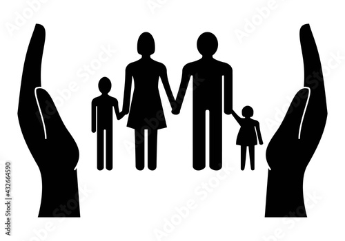 Protección a la familia. Icono de familia de cuatro entre las manos