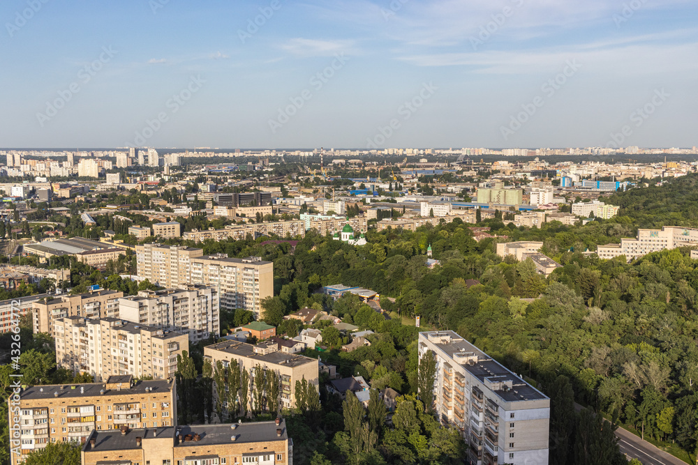 City Houses Aerial birds eye View. Suburb housing development. New neighborhood Ukraine modern and old architecture and design