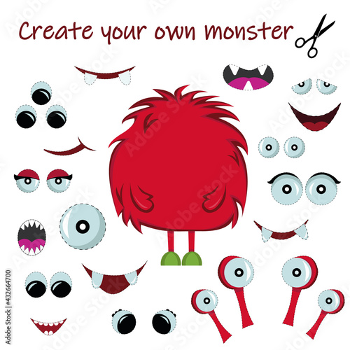 Set of monster cartoon elements. Monster Constructor. Create your own monster. Different mouths, eyes, isolated on white. Vector illustration.