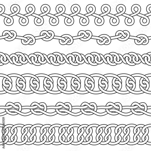 Set of black and white seamless borders. Outline vector illustration
