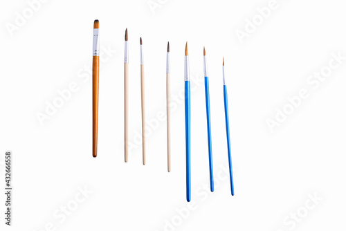 Paint brushes isolated on white background. Flat lay.