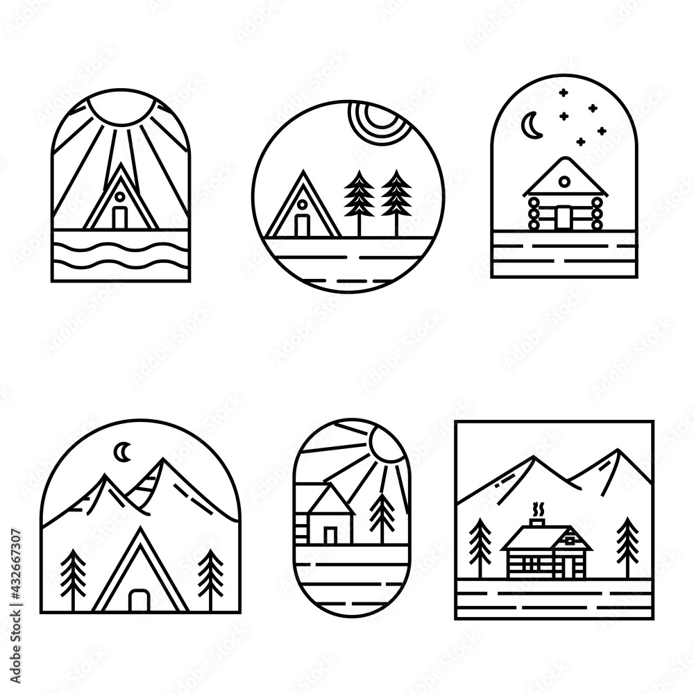 cabin cottage logo line art badge minimalist vector design illustration