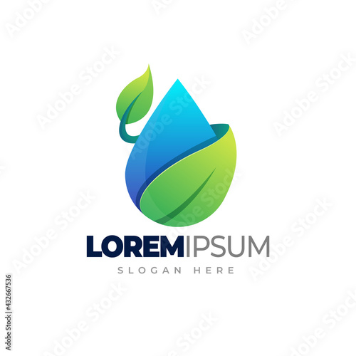 Leaf with water drop logo. Water leaf gradient logo template