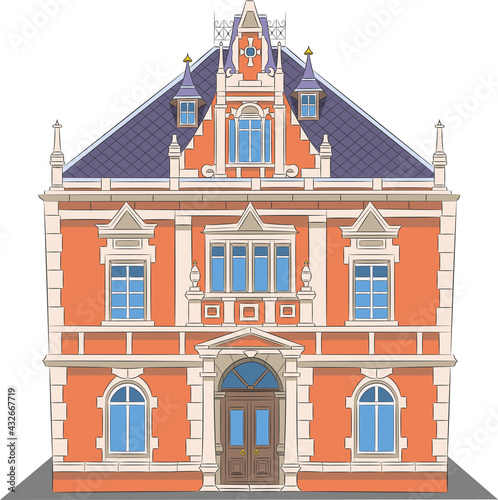 Beautiful Polish red brick with columns and stucco.