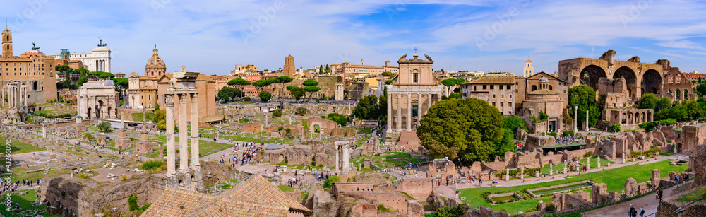 Panorama of Roman Forum, a forum surrounded by ruins in Rome, Italy